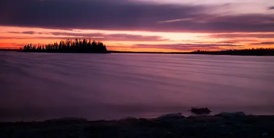 Sunset on Astotin Lake from the beach next to the campground.