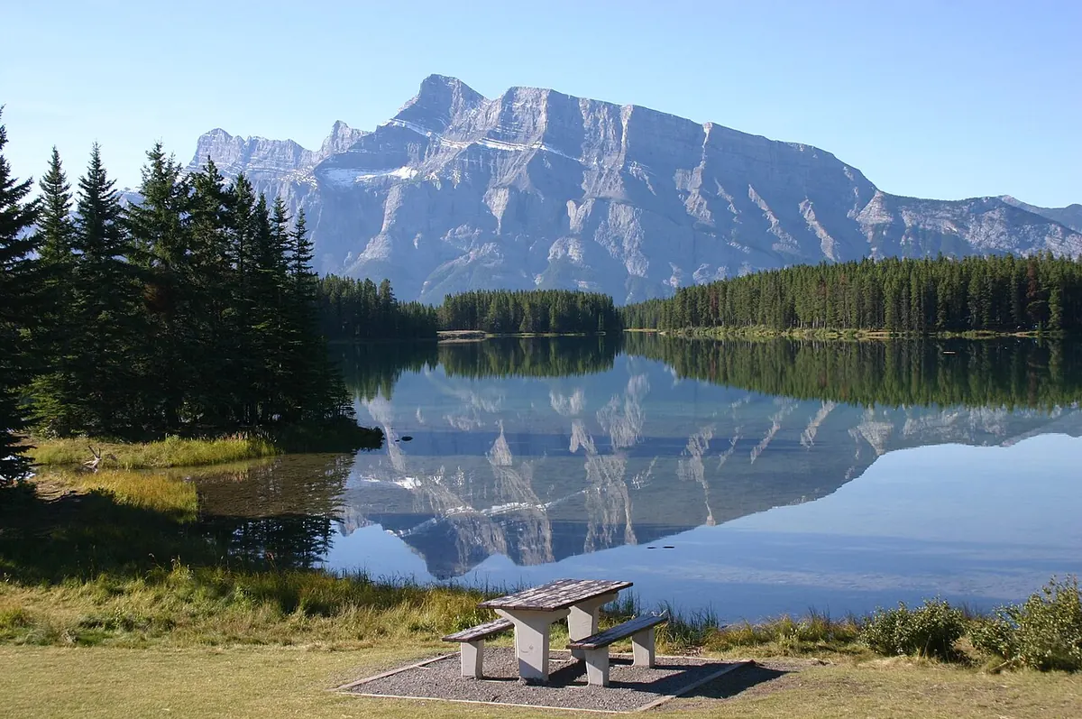Two Jack Lake, beside the campground, with Mount Rundle behind.